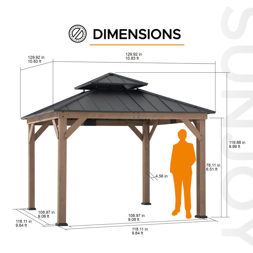 SUNJOY Outdoor Patio 11x11 2-Tier Wooden Frame Backyard Hardtop Gazebo with Ceiling Hook