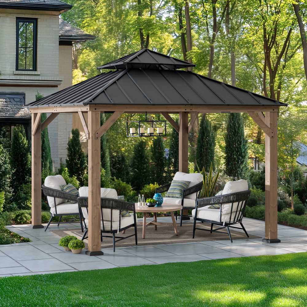 SUNJOY Outdoor Patio 11x11 2-Tier Wooden Frame Backyard Hardtop Gazebo with Ceiling Hook