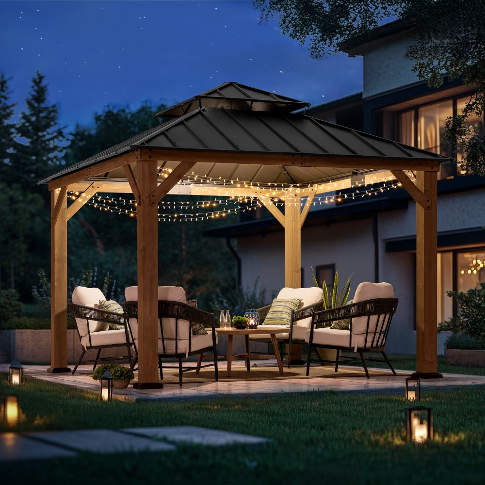 SUNJOY Outdoor Patio 11x11 2-Tier Wooden Frame Backyard Hardtop Gazebo with Ceiling Hook