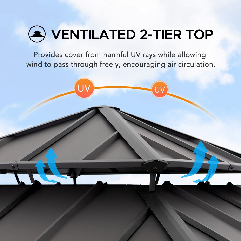 SUNJOY Outdoor Patio 11x11 2-Tier Wooden Frame Backyard Hardtop Gazebo with Ceiling Hook