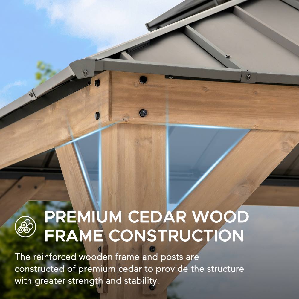 SUNJOY Outdoor Patio 11x11 2-Tier Wooden Frame Backyard Hardtop Gazebo with Ceiling Hook