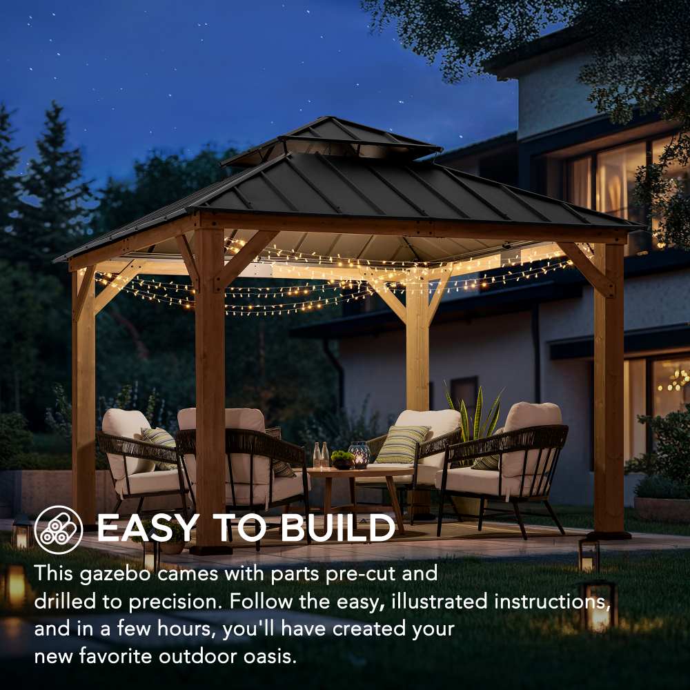 SUNJOY Outdoor Patio 11x11 2-Tier Wooden Frame Backyard Hardtop Gazebo with Ceiling Hook