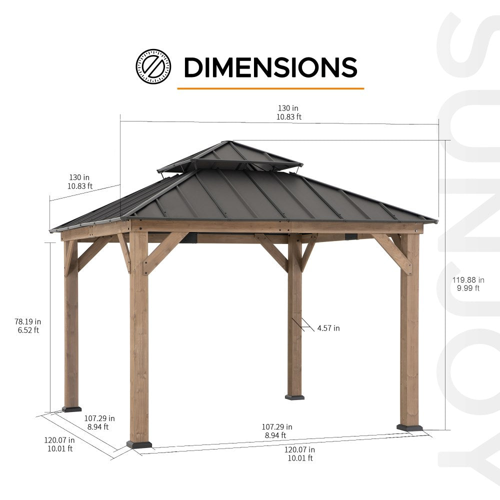SUNJOY Outdoor Patio 11x11 2-Tier Wooden Frame Backyard Hardtop Gazebo with Ceiling Hook