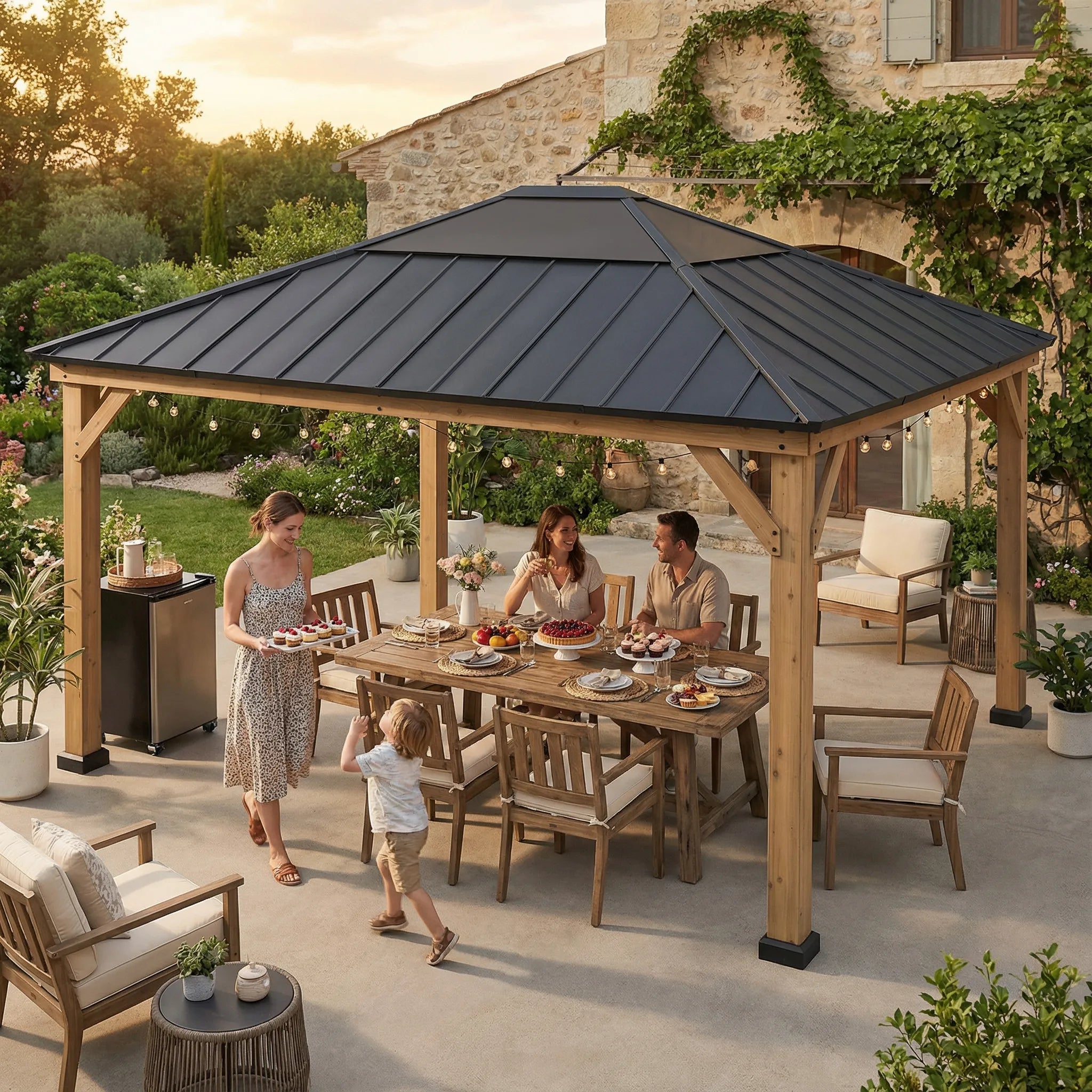 13x15 Cedar Wooden Frame Hardtop Patio Gazebo with Hook – SUNJOY