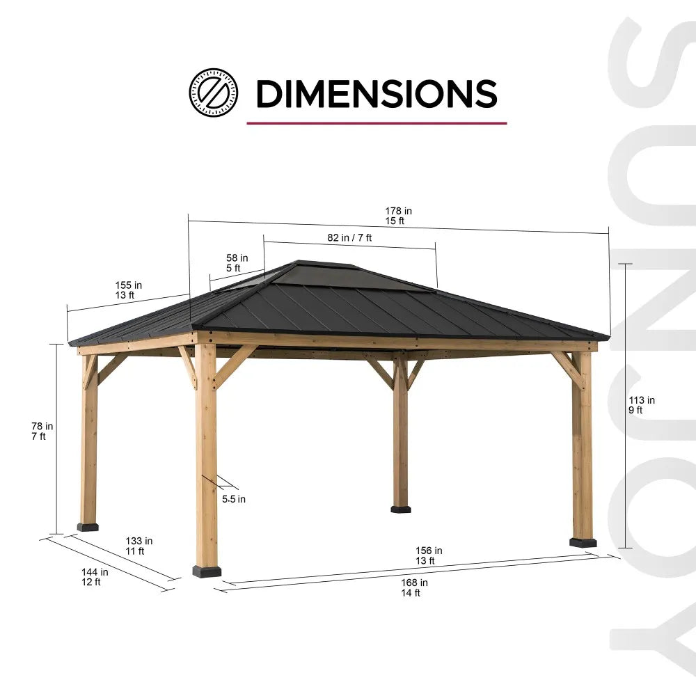 SUNJOY Outdoor Patio 13x15 Wooden Frame Backyard Hardtop Gazebo with Ceiling Hook