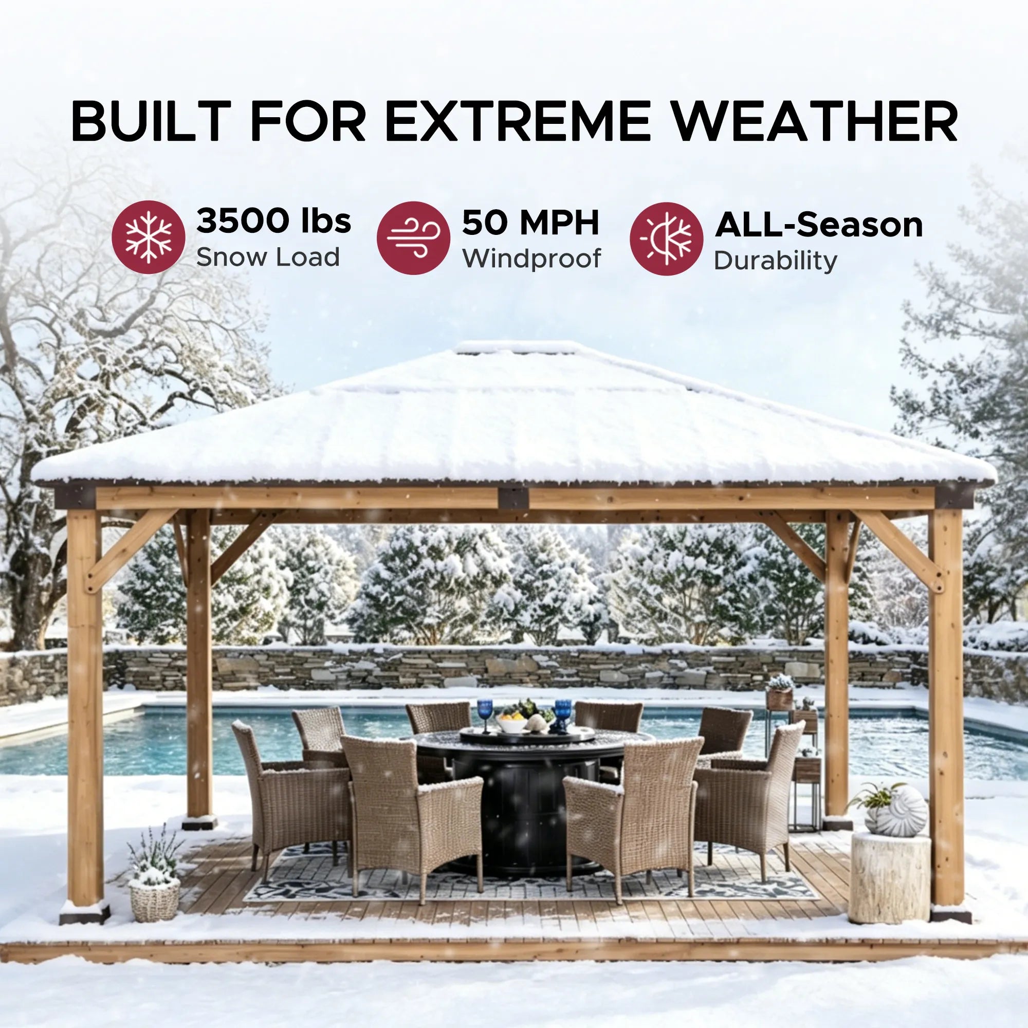SUNJOY 13x15 Brown Steel Roof Wooden Gazebo with Translucent Polycarbonate Skylight - Dark Wood Cedar