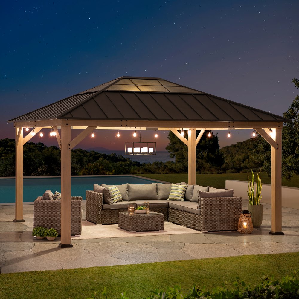 SUNJOY 13x15 Wooden Gazebo with Translucent Skylight and Ceiling Hook.
