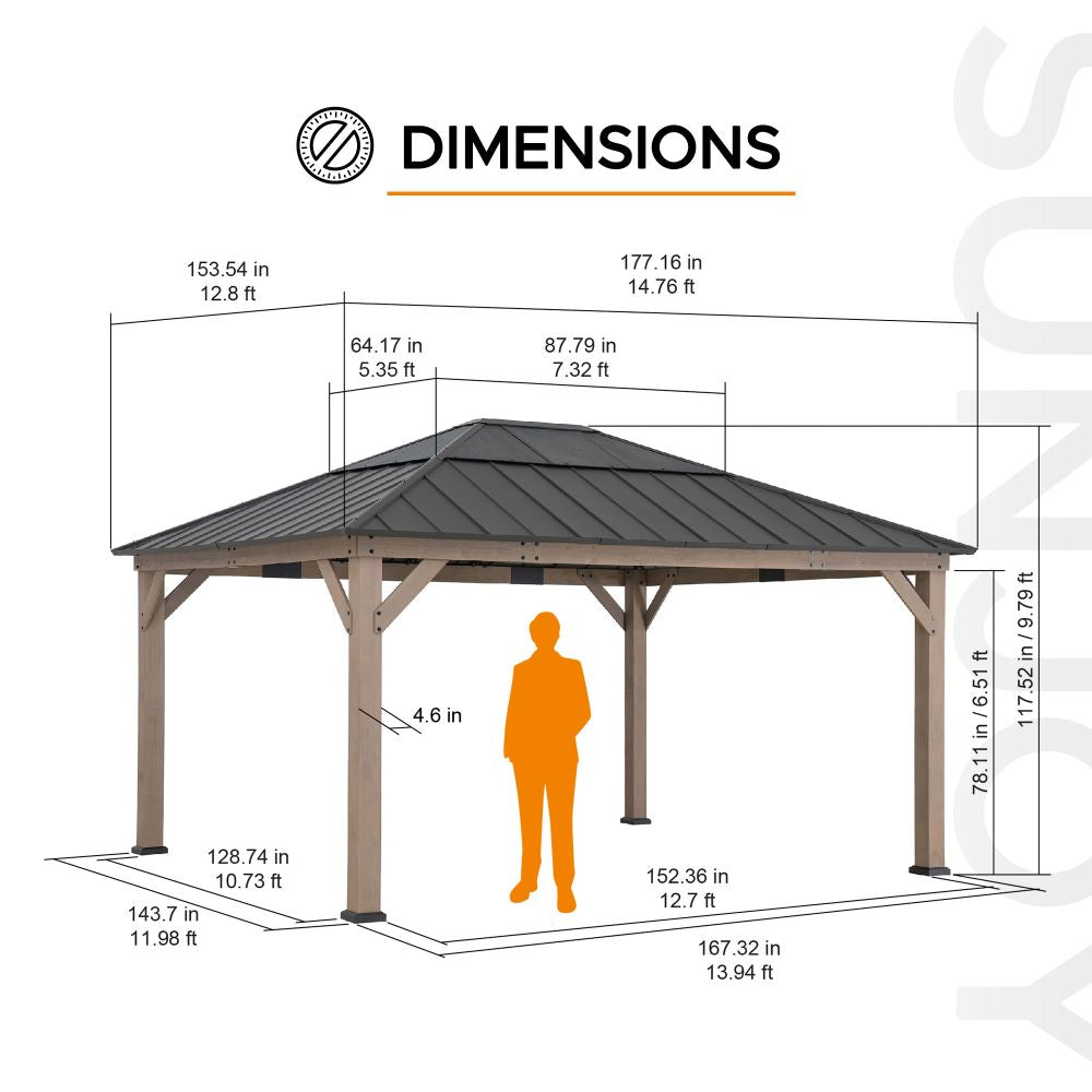 SUNJOY 13x15 Wooden Gazebo with Translucent Skylight and Ceiling Hook.