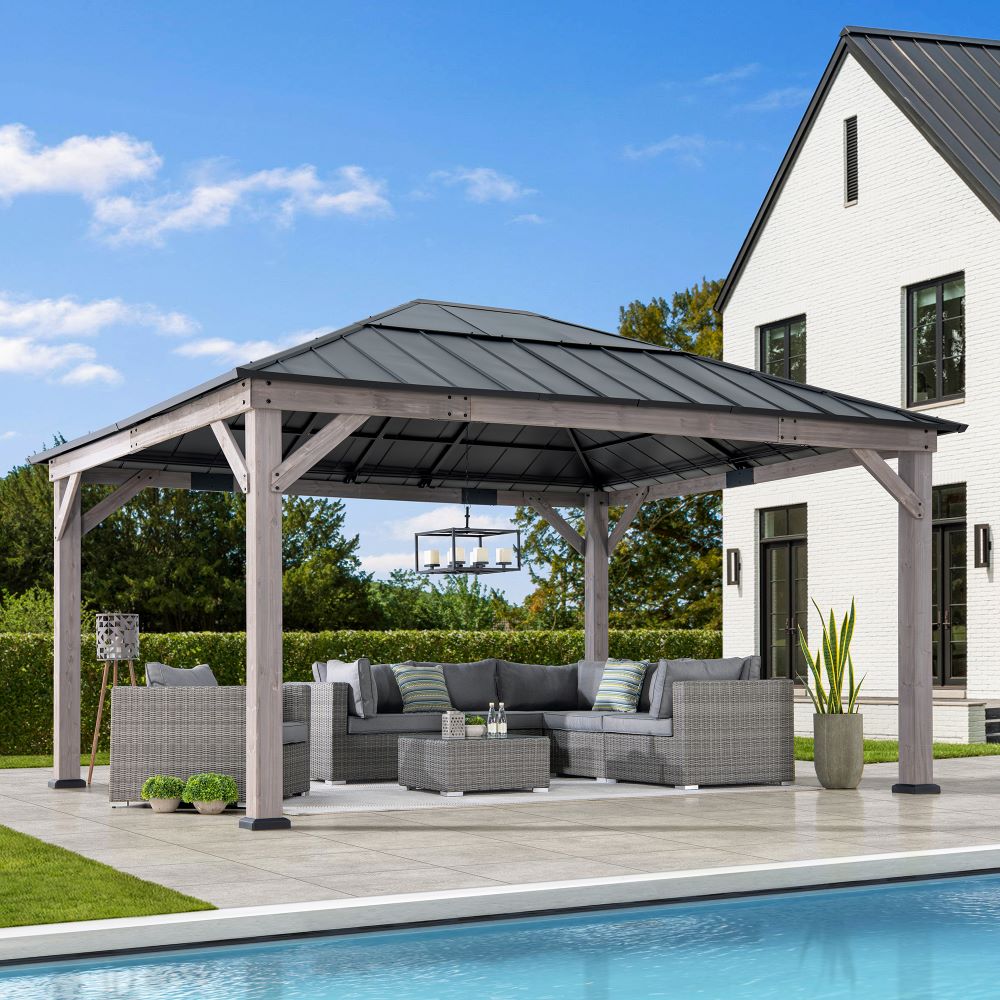 SUNJOY 13x15 Wooden Gazebo with Translucent Skylight and Ceiling Hook.