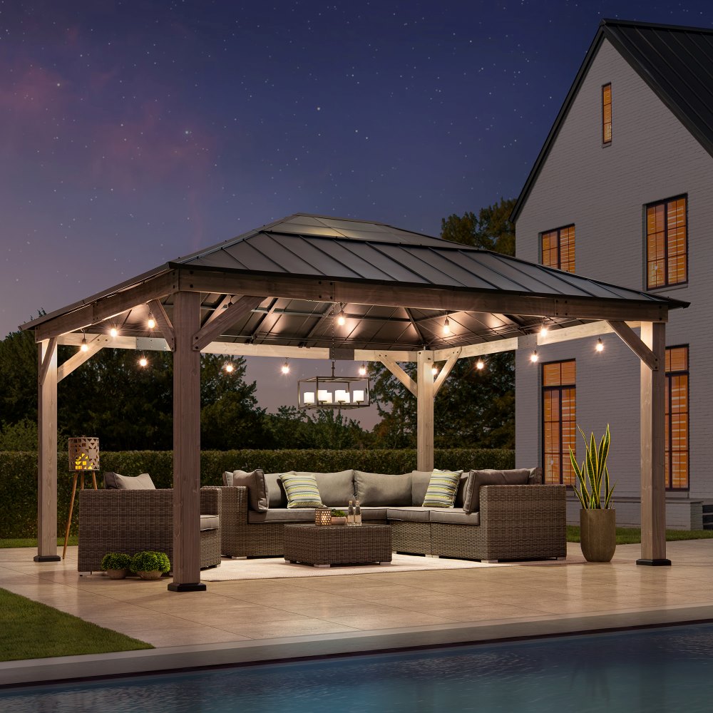 SUNJOY 13x15 Wooden Gazebo with Translucent Skylight and Ceiling Hook.