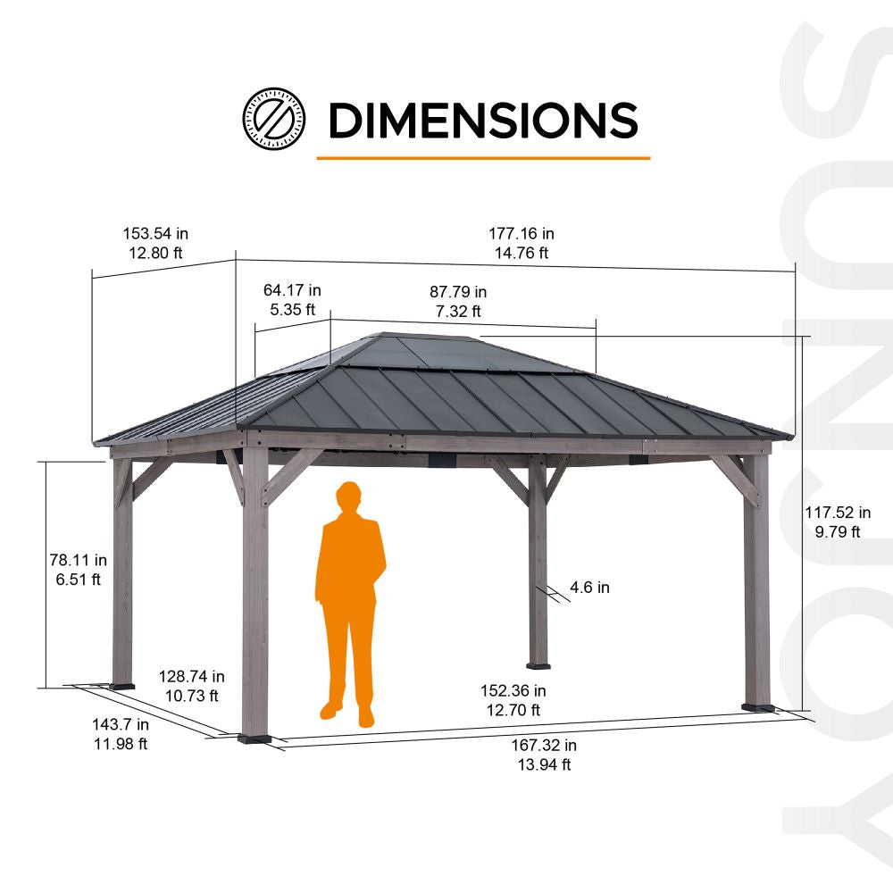 SUNJOY 13x15 Black Steel Roof Wooden Gazebo with Translucent Polycarbonate Skylight - Burly Wood Cedar