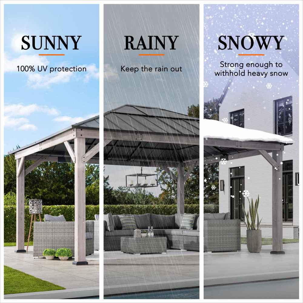 SUNJOY 13x15 Wooden Gazebo with Translucent Skylight and Ceiling Hook - Driftwood Cedar