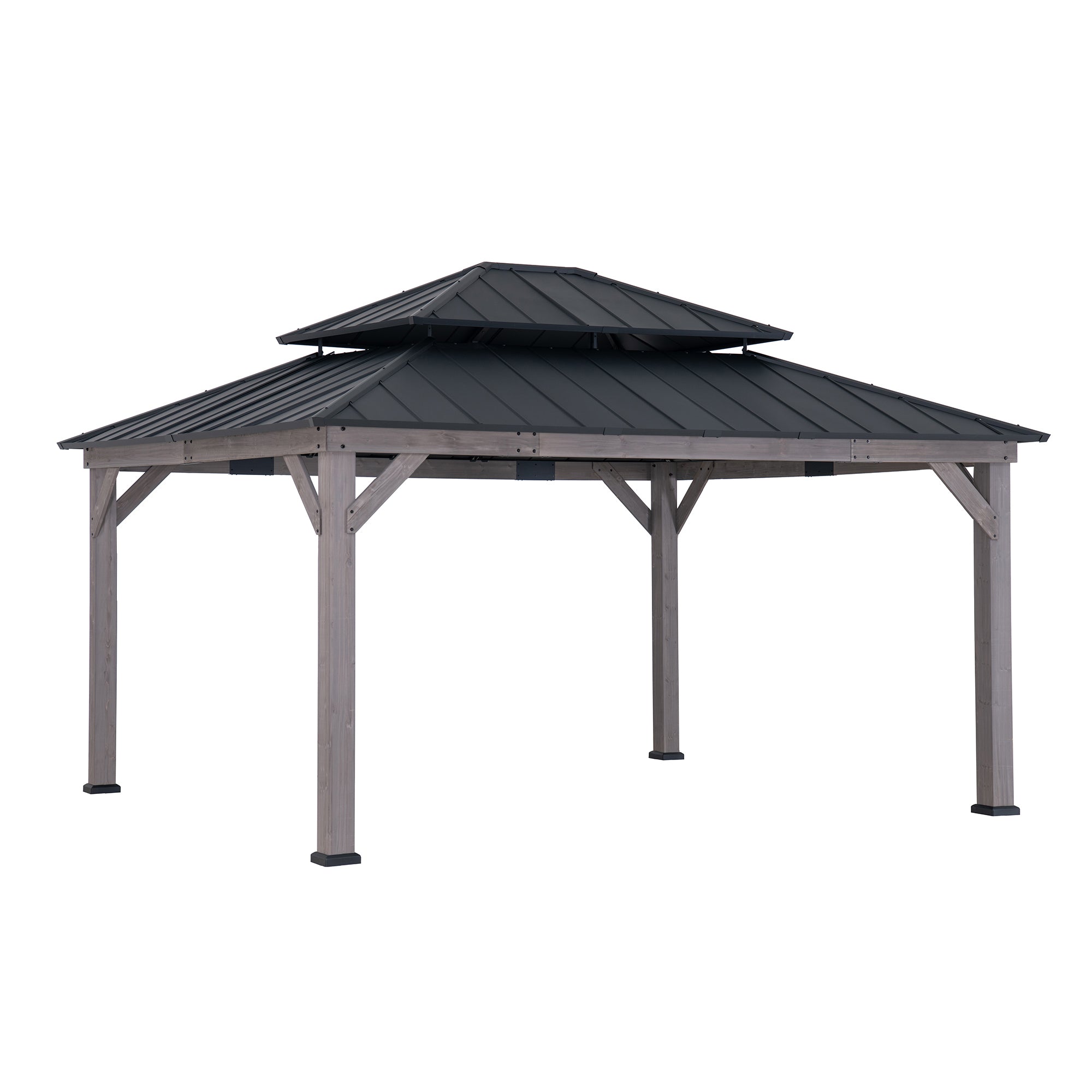 Sunjoy Outdoor Patio 13x15 2-Tier Wooden Frame Backyard Hardtop Gazebo with Ceiling Hook.