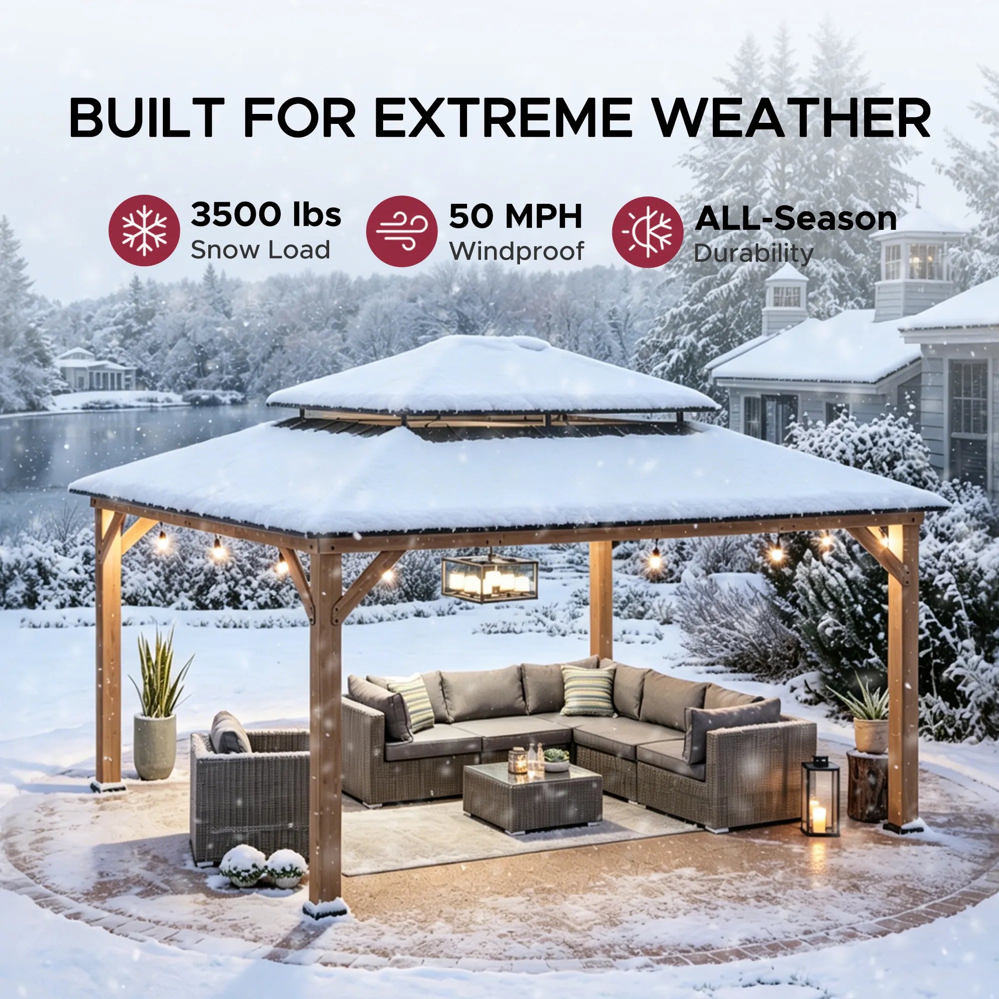 SUNJOY 13x15 2-Tier Wooden Frame Gazebo with Ceiling Hook - Weathered Cedar