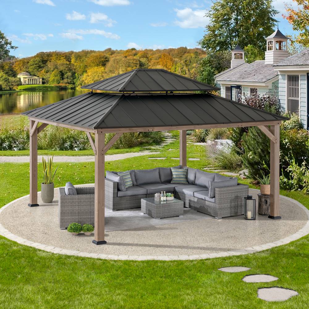 Sunjoy Outdoor Patio 13x15 2-Tier Wooden Frame Backyard Hardtop Gazebo with Ceiling Hook.