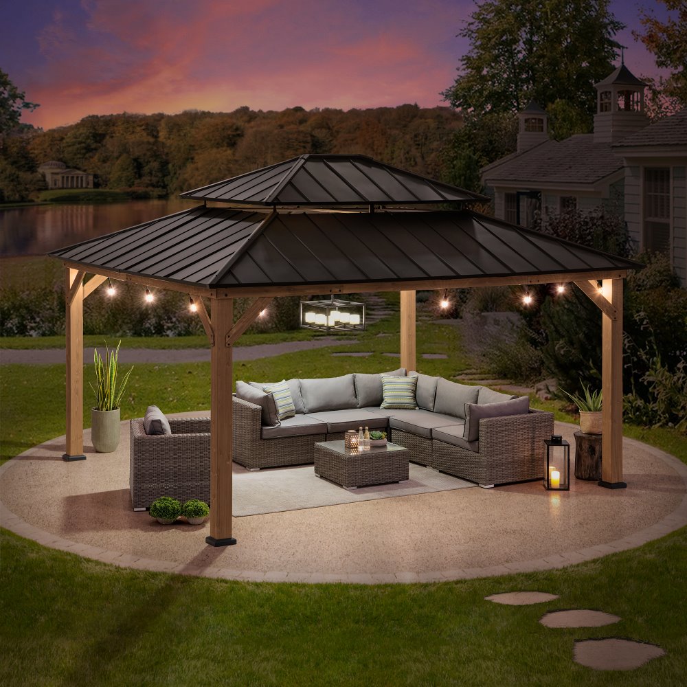 Sunjoy Outdoor Patio 13x15 2-Tier Wooden Frame Backyard Hardtop Gazebo with Ceiling Hook.