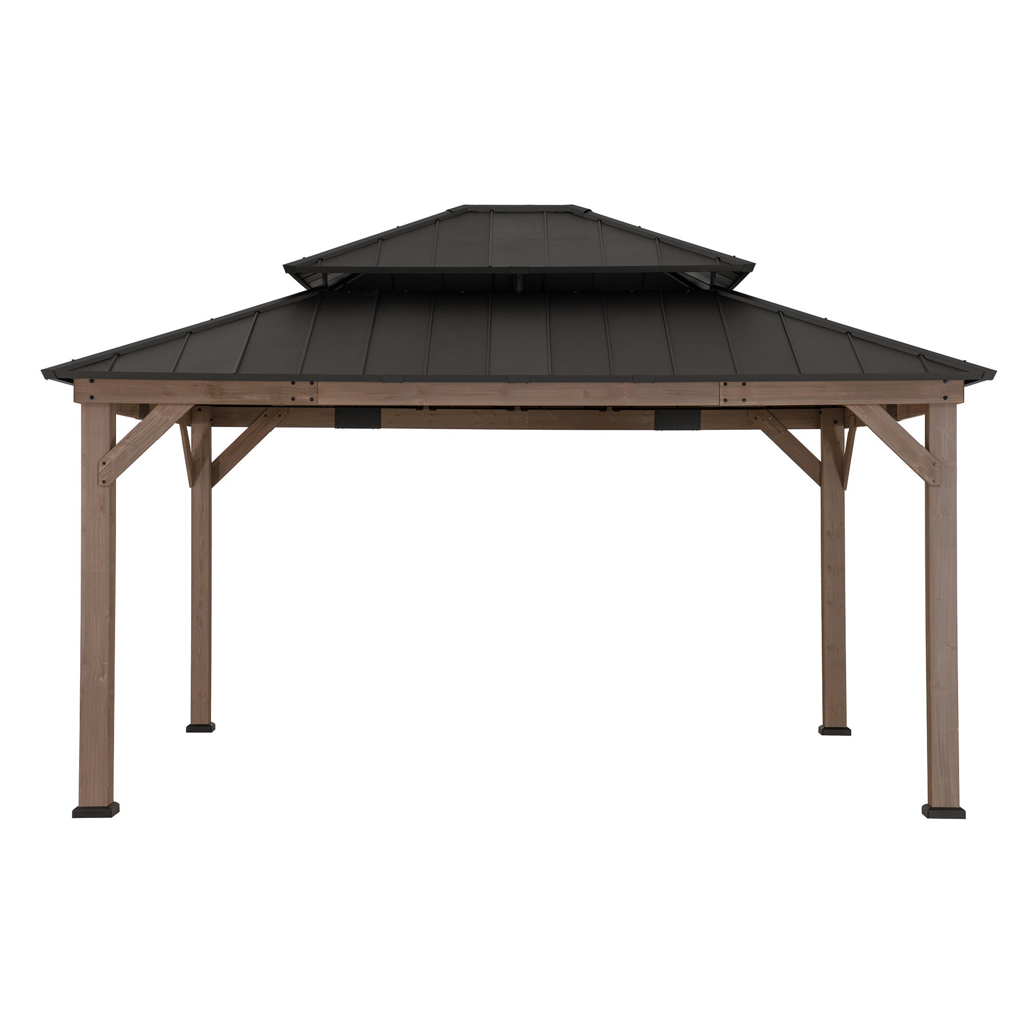 Sunjoy Outdoor Patio 13x15 2-Tier Wooden Frame Backyard Hardtop Gazebo with Ceiling Hook.