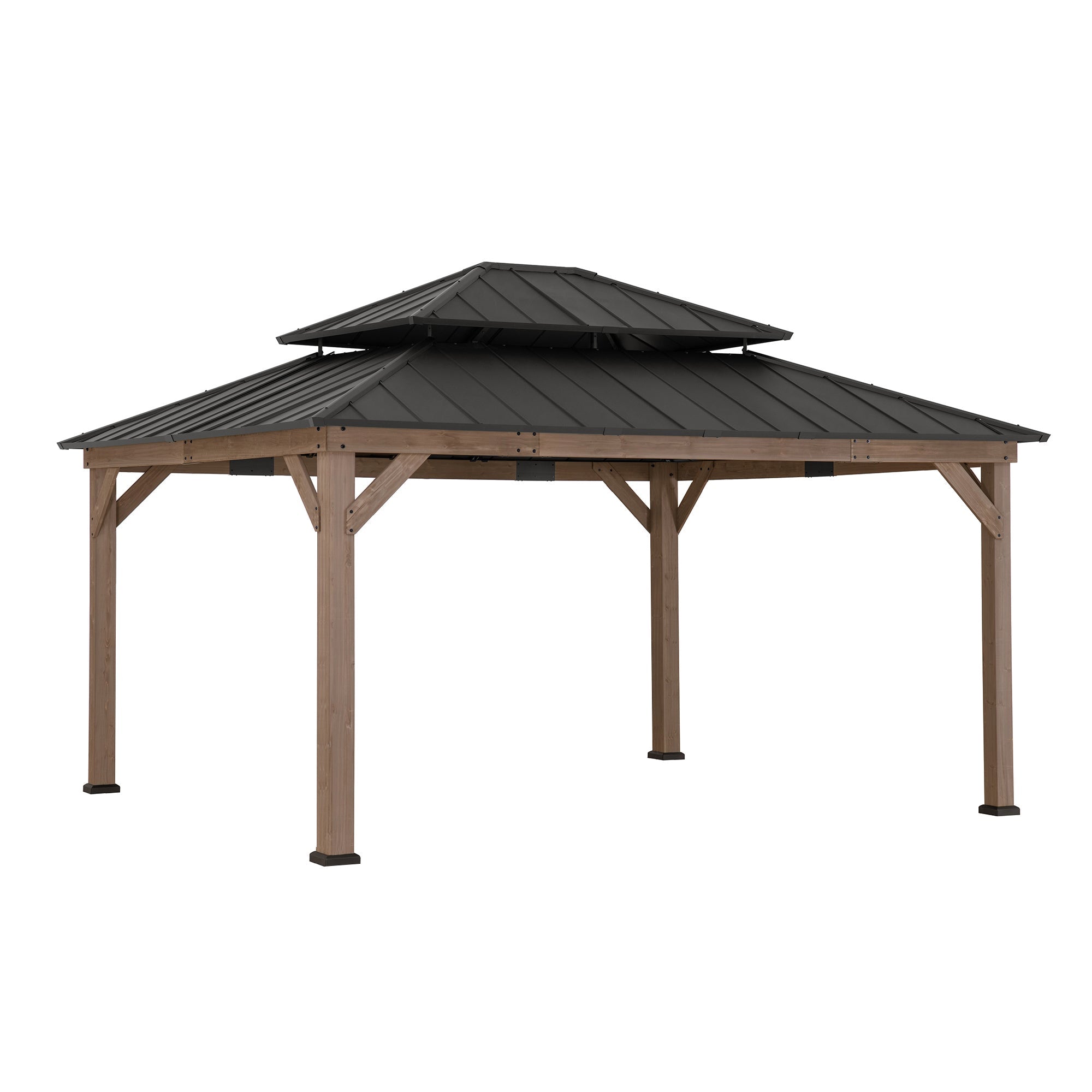 Sunjoy Outdoor Patio 13x15 2-Tier Wooden Frame Backyard Hardtop Gazebo with Ceiling Hook.