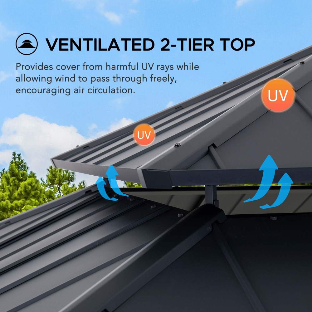 SUNJOY Outdoor Patio 13' x 15' 2-Tier Wooden Frame Backyard Hardtop Gazebo with Ceiling Hook
