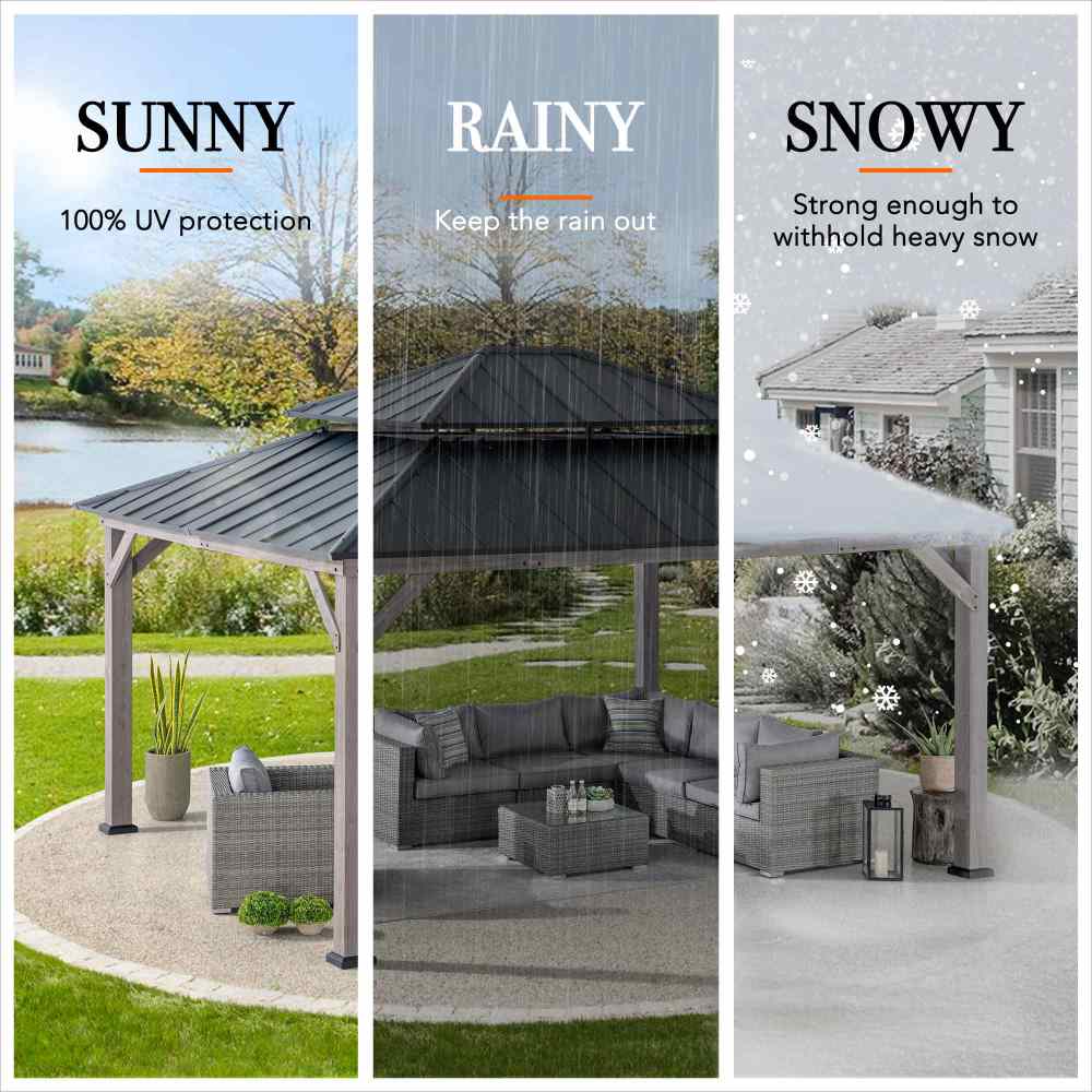 SUNJOY Outdoor Patio 13x15 2-Tier Wooden Frame Backyard Hardtop Gazebo with Ceiling Hook