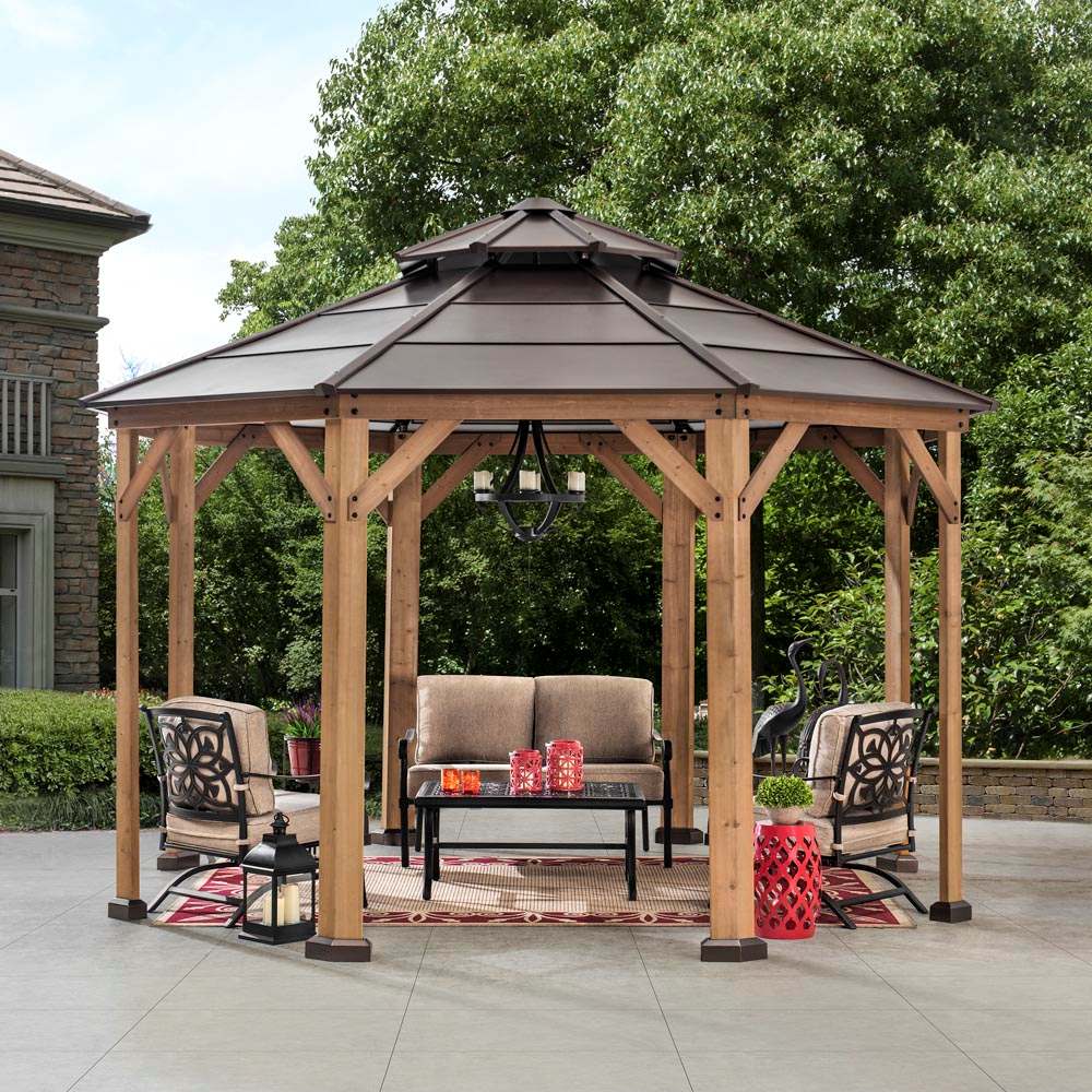 SUNJOY 13x13 Octagon Wooden Gazebo with Ceiling Hook - Brown.