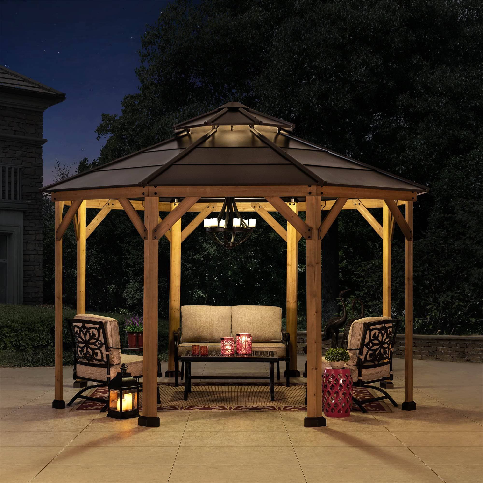 SUNJOY 13x13 Octagon Wooden Gazebo with Ceiling Hook - Brown.