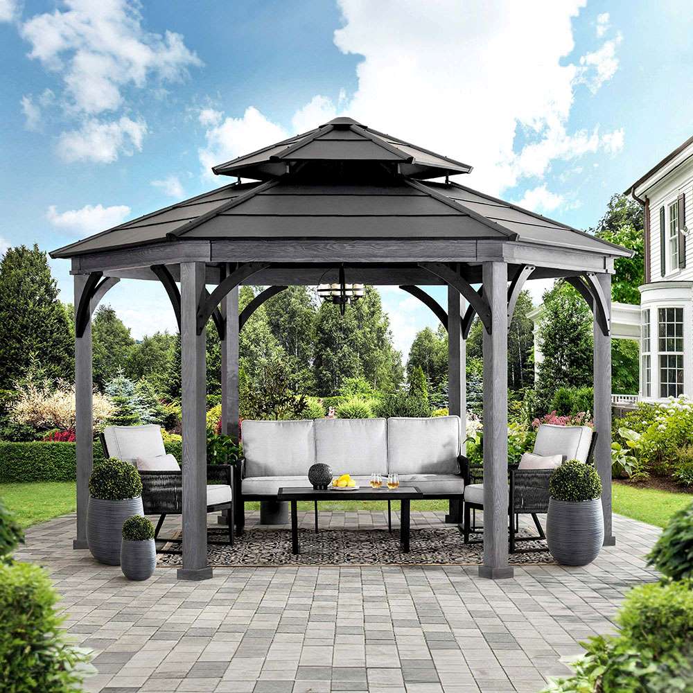 SUNJOY 14.7x14.7 ft. Ashland Hexagon Hardtop Gazebo, Wood Grain Metal Gazebo with Aluminum Roof and Ceiling Hook