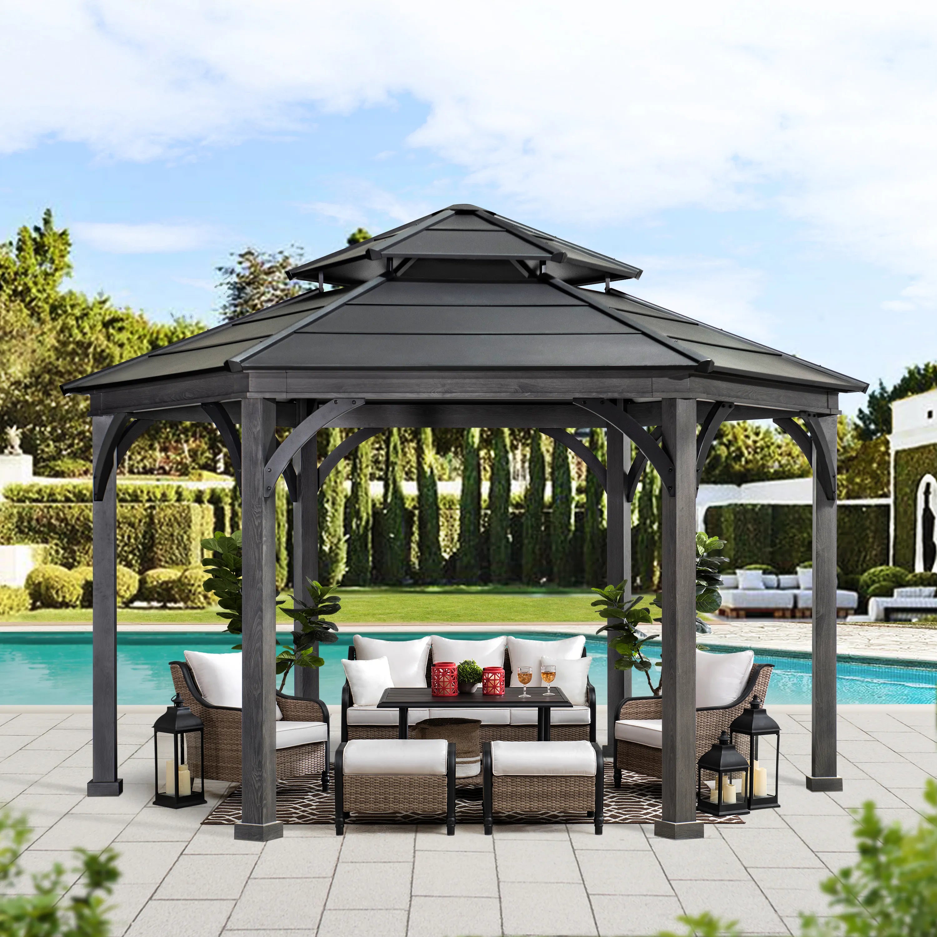 SUNJOY 14.7x14.7 ft. Ashland Hexagon Hardtop Gazebo, Wood Grain Metal Gazebo with Aluminum Roof and Ceiling Hook
