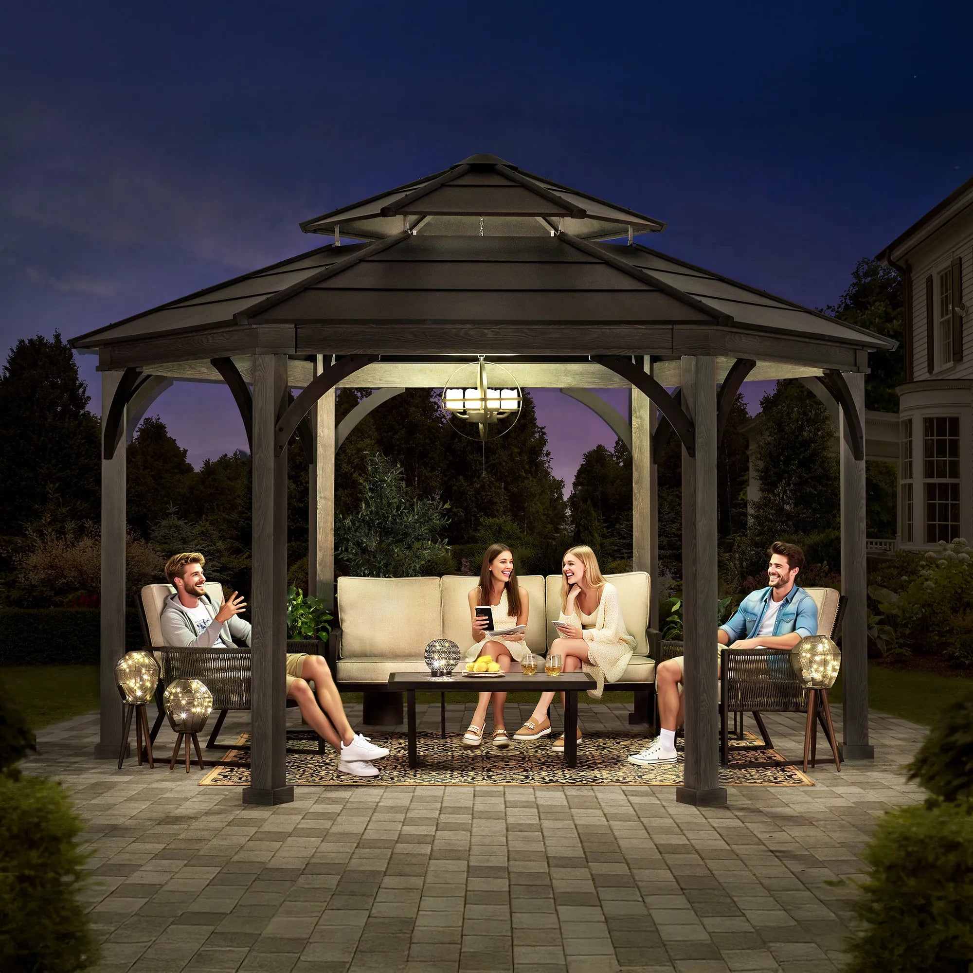 SUNJOY 14.7x14.7 ft. Ashland Hexagon Hardtop Gazebo, Wood Grain Metal Gazebo with Aluminum Roof and Ceiling Hook