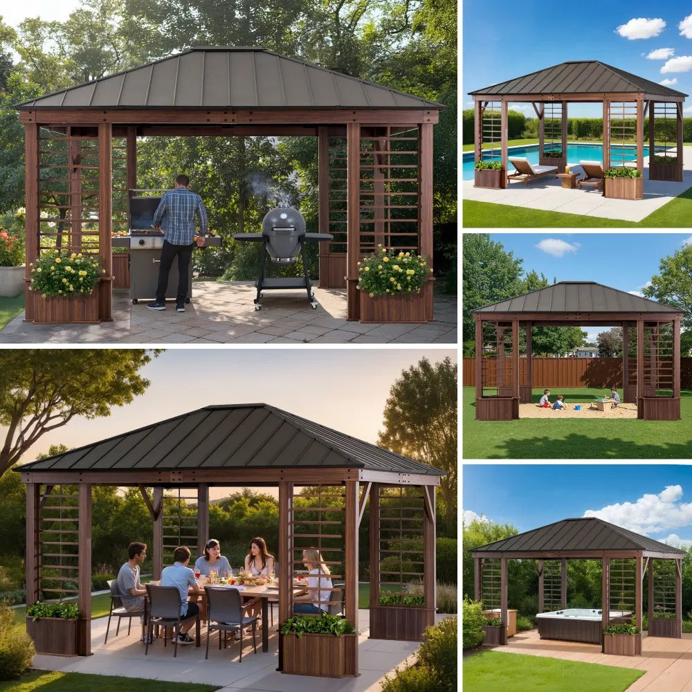 SUNJOY 13x15 Hardtop Gazebo Outdoor Black Steel Roof Gazebo Backyard Aluminum Framed Gazebo with Planters and Ceiling Hook