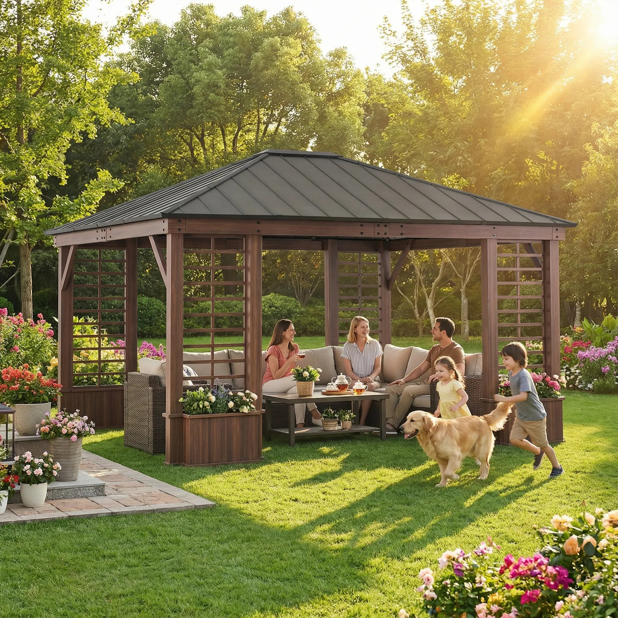 SUNJOY 13x15 Hardtop Gazebo Outdoor Black Steel Roof Gazebo Backyard Aluminum Framed Gazebo with Planters and Ceiling Hook