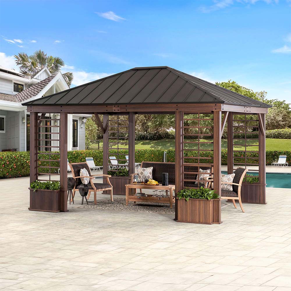 SUNJOY 13x15 Hardtop Gazebo Outdoor Black Steel Roof Gazebo Backyard Aluminum Framed Gazebo with Planters and Ceiling Hook