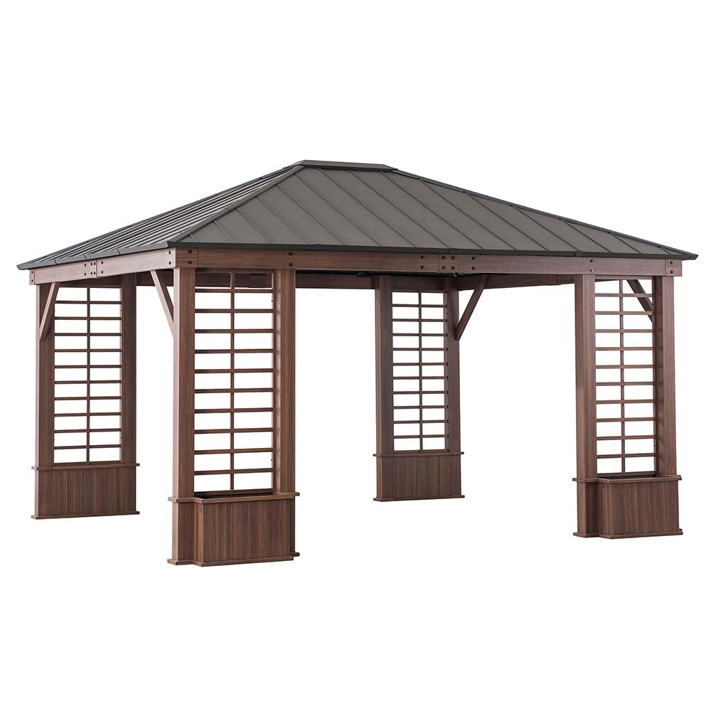 SUNJOY 13x15 Hardtop Gazebo Outdoor Black Steel Roof Gazebo Backyard Aluminum Framed Gazebo with Planters and Ceiling Hook