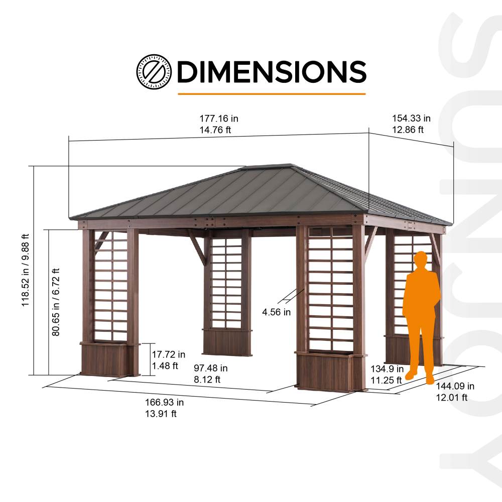 SUNJOY 13x15 Hardtop Gazebo Outdoor Black Steel Roof Gazebo Backyard Aluminum Framed Gazebo with Planters and Ceiling Hook