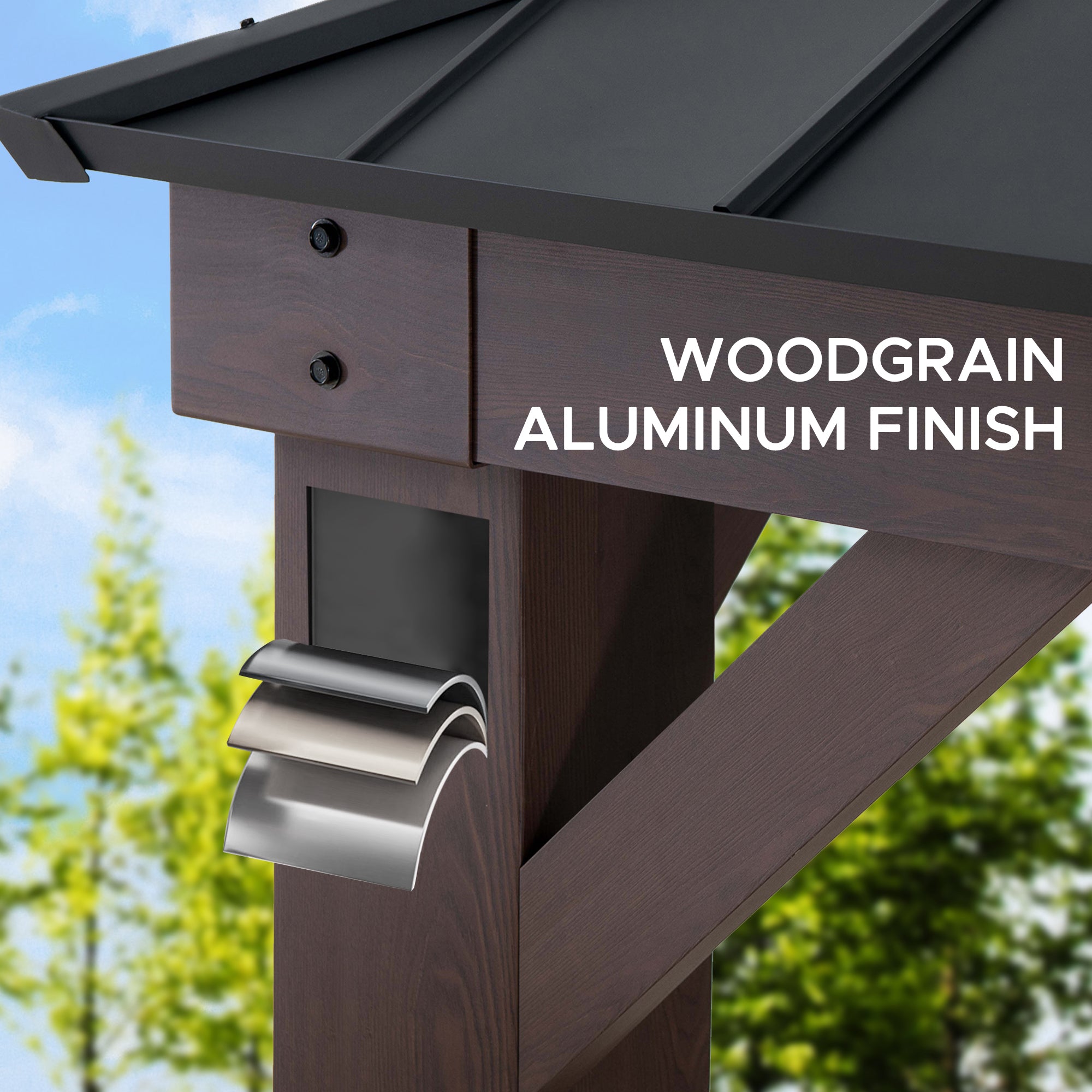 SUNJOY Hardtop Gazebo, Wood Grain Aluminum Frame Metal Gazebo with 2-Tier Steel Roof and Hook