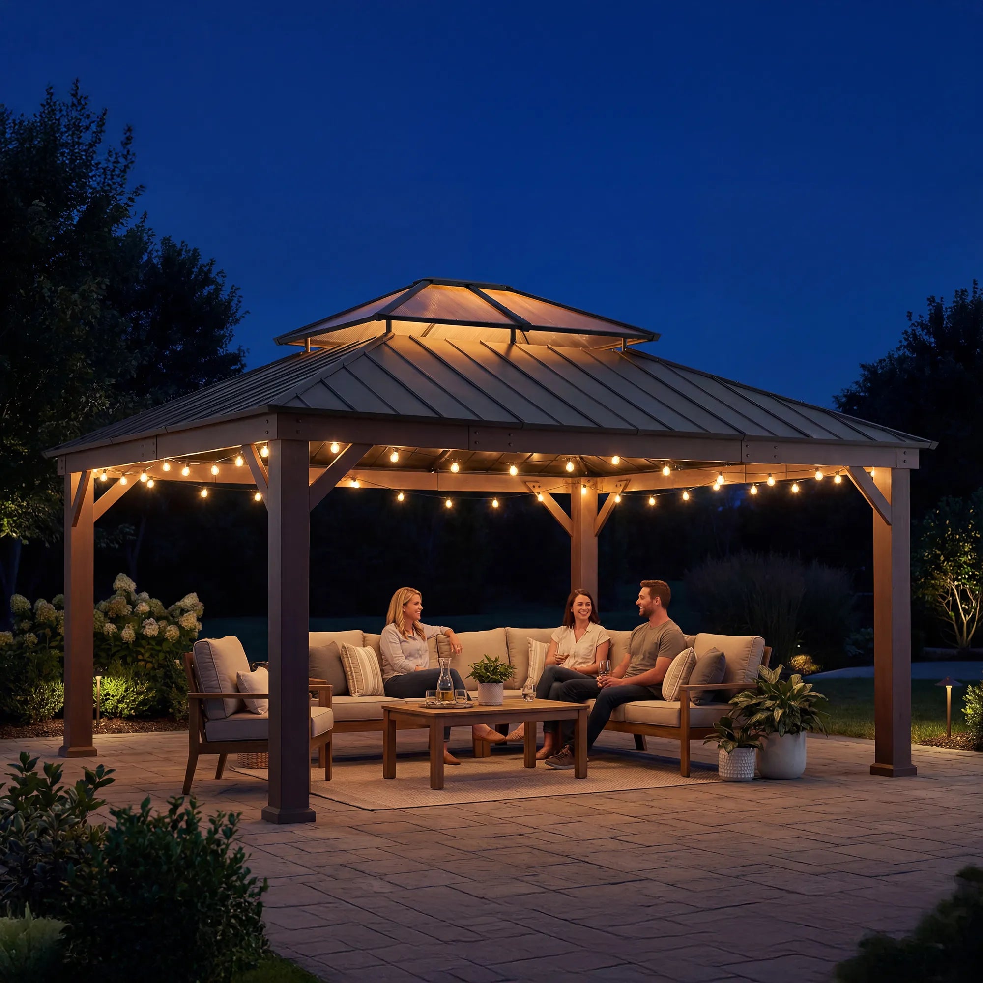 SUNJOY 16x18 Wood Grain Aluminum Frame Metal Gazebo with 2-Tier Roof and Hook