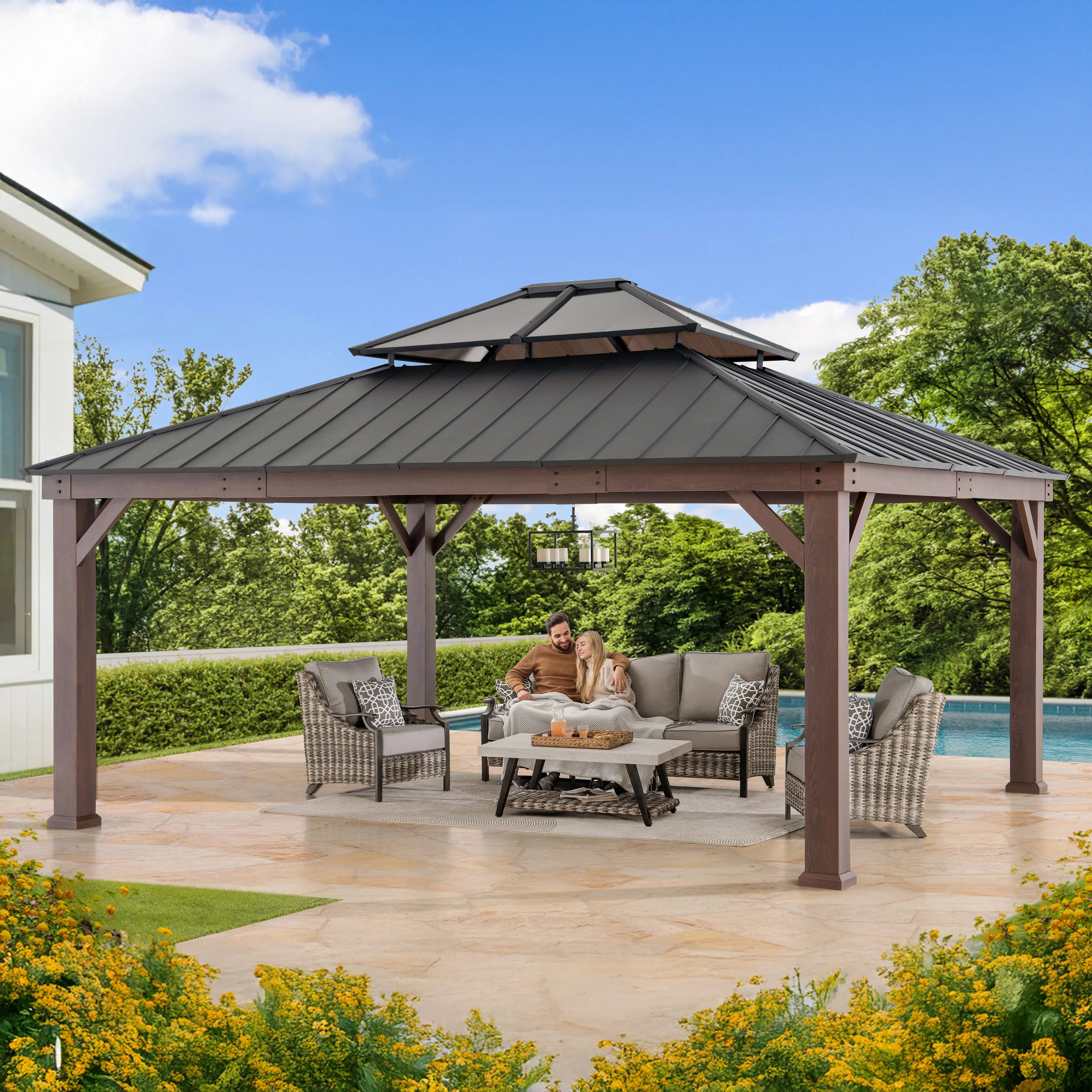 SUNJOY 16x18 Wood Grain Aluminum Frame Metal Gazebo with 2-Tier Roof and Hook