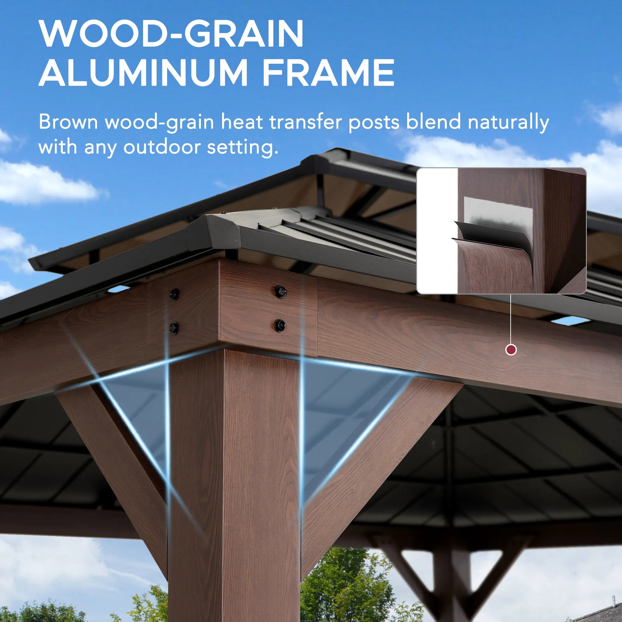 SUNJOY 16x18 Wood Grain Aluminum Frame Metal Gazebo with 2-Tier Roof and Hook