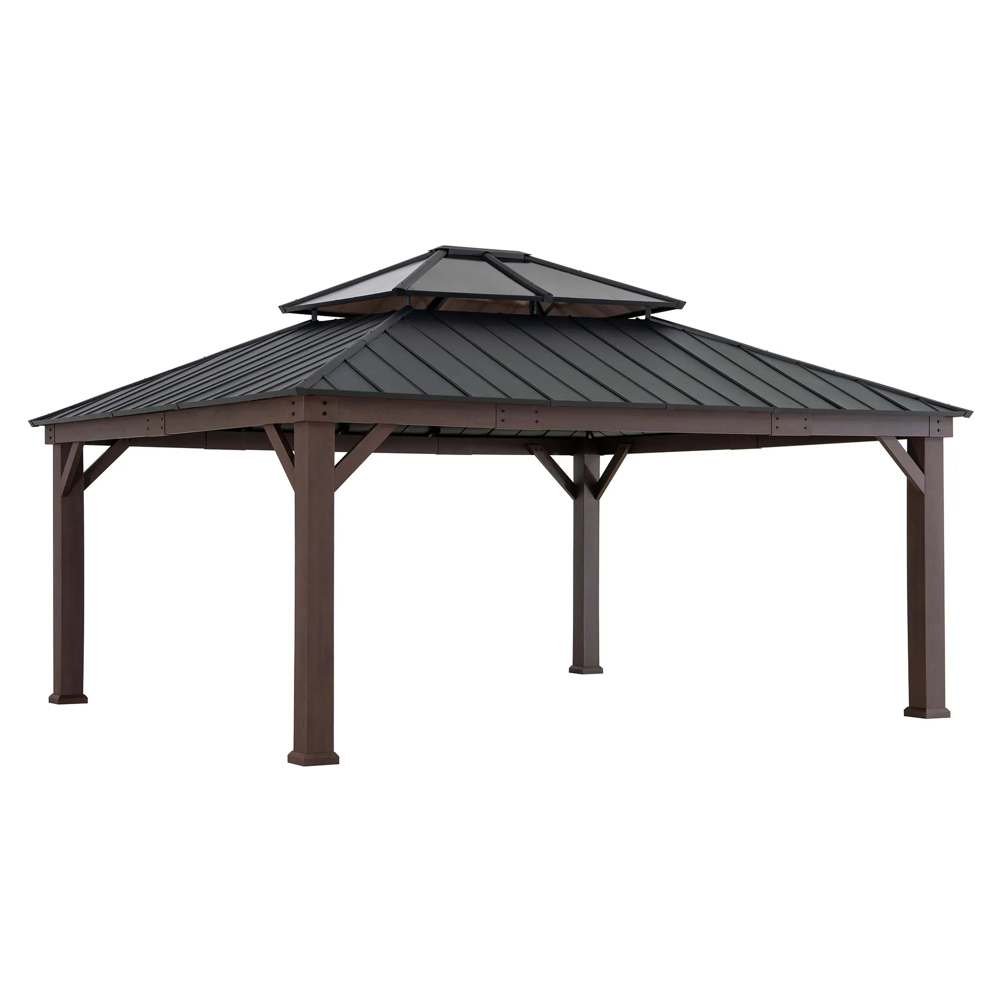 SUNJOY 16x18 Wood Grain Aluminum Frame Metal Gazebo with 2-Tier Roof and Hook