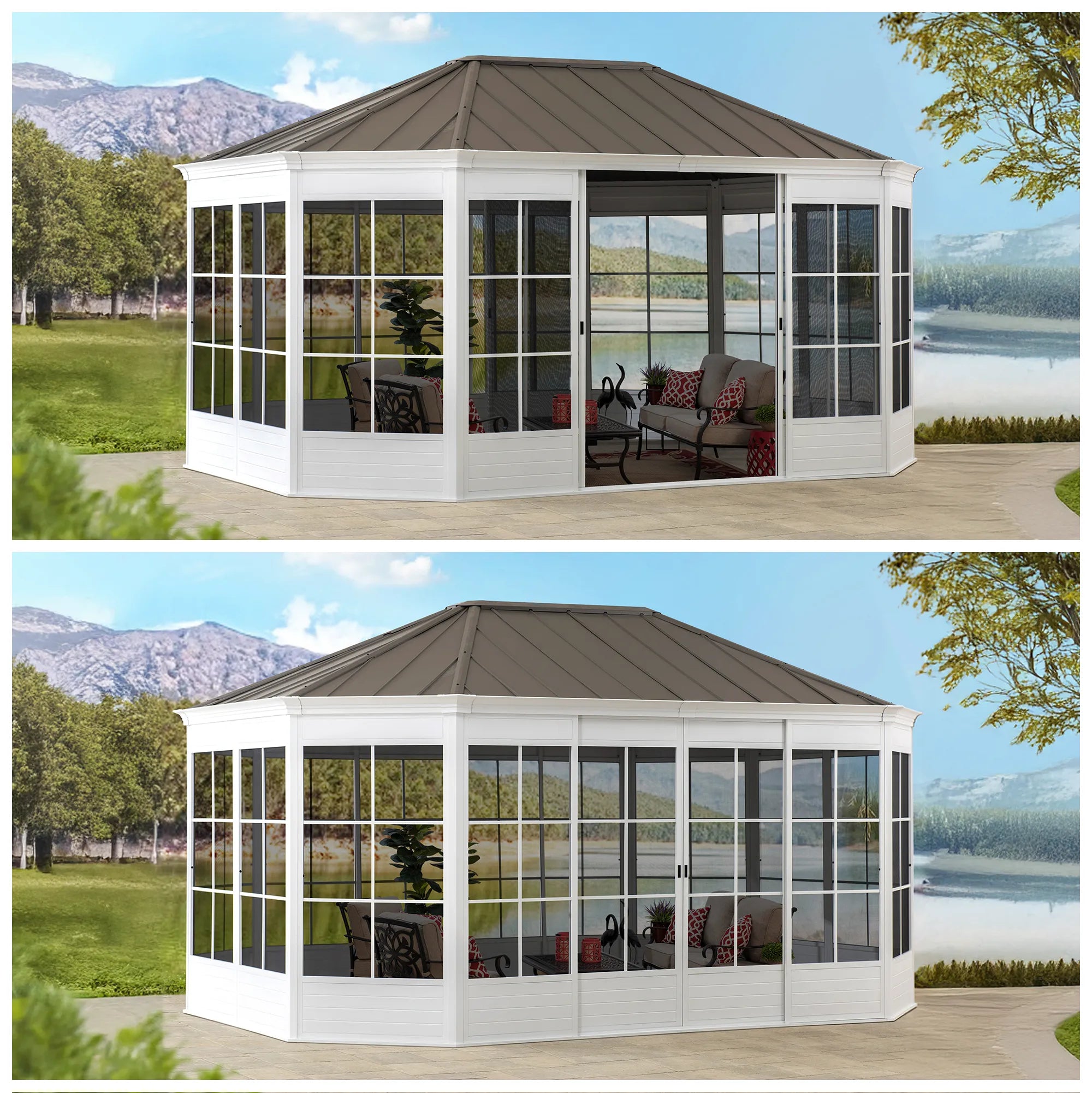 SUNJOY 12 ft. x 16 ft. Cape Blue Hardtop Screenhouse - White/Tan