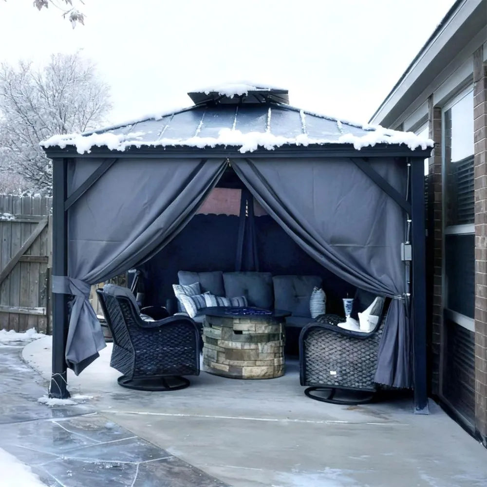 SUNJOY 10x10 Hardtop Gazebo with Aluminum Frame, Netting, and Curtain.
