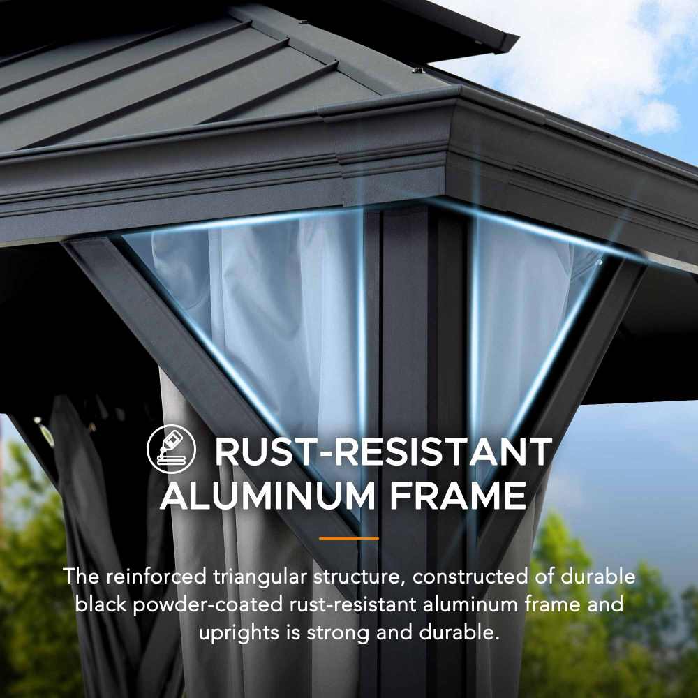 SUNJOY 10x10 Hardtop Gazebo with Aluminum Frame, Netting, and Curtain.