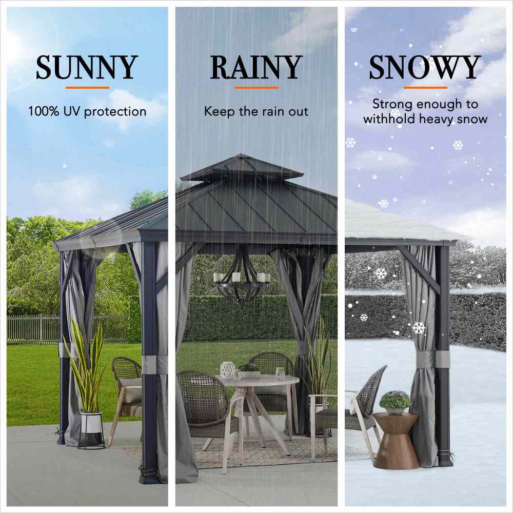 SUNJOY 10x10 Hardtop Gazebo with Aluminum Frame, Netting, and Curtain.