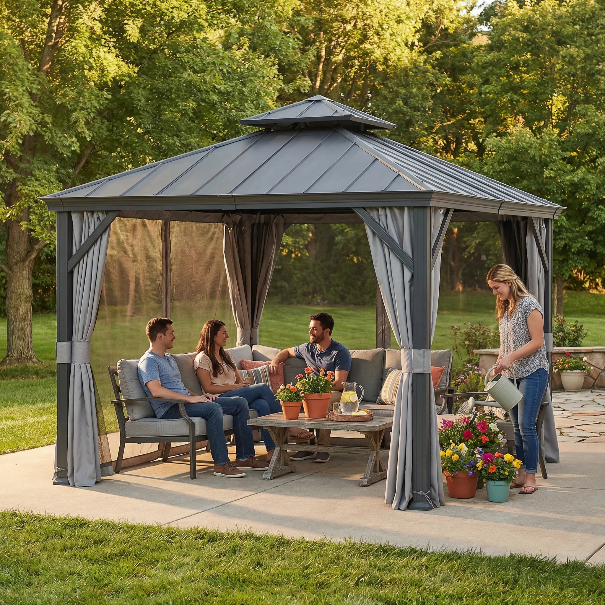 SUNJOY 10x10 Hardtop Gazebo with Aluminum Frame, Netting, and Curtain