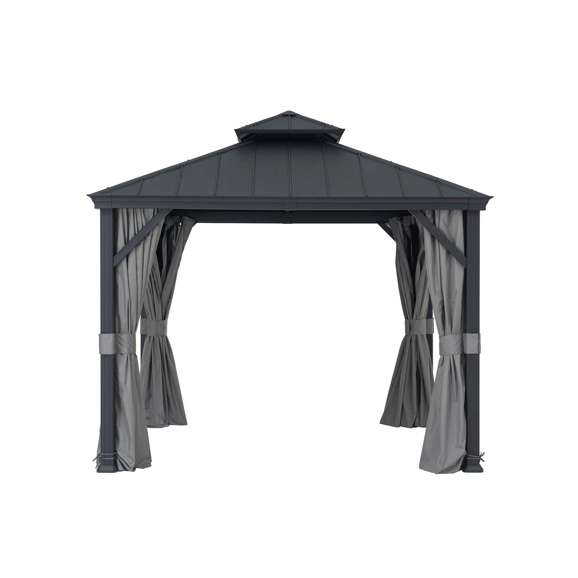 SUNJOY 10x10 Hardtop Gazebo with Aluminum Frame, Netting, and Curtain.