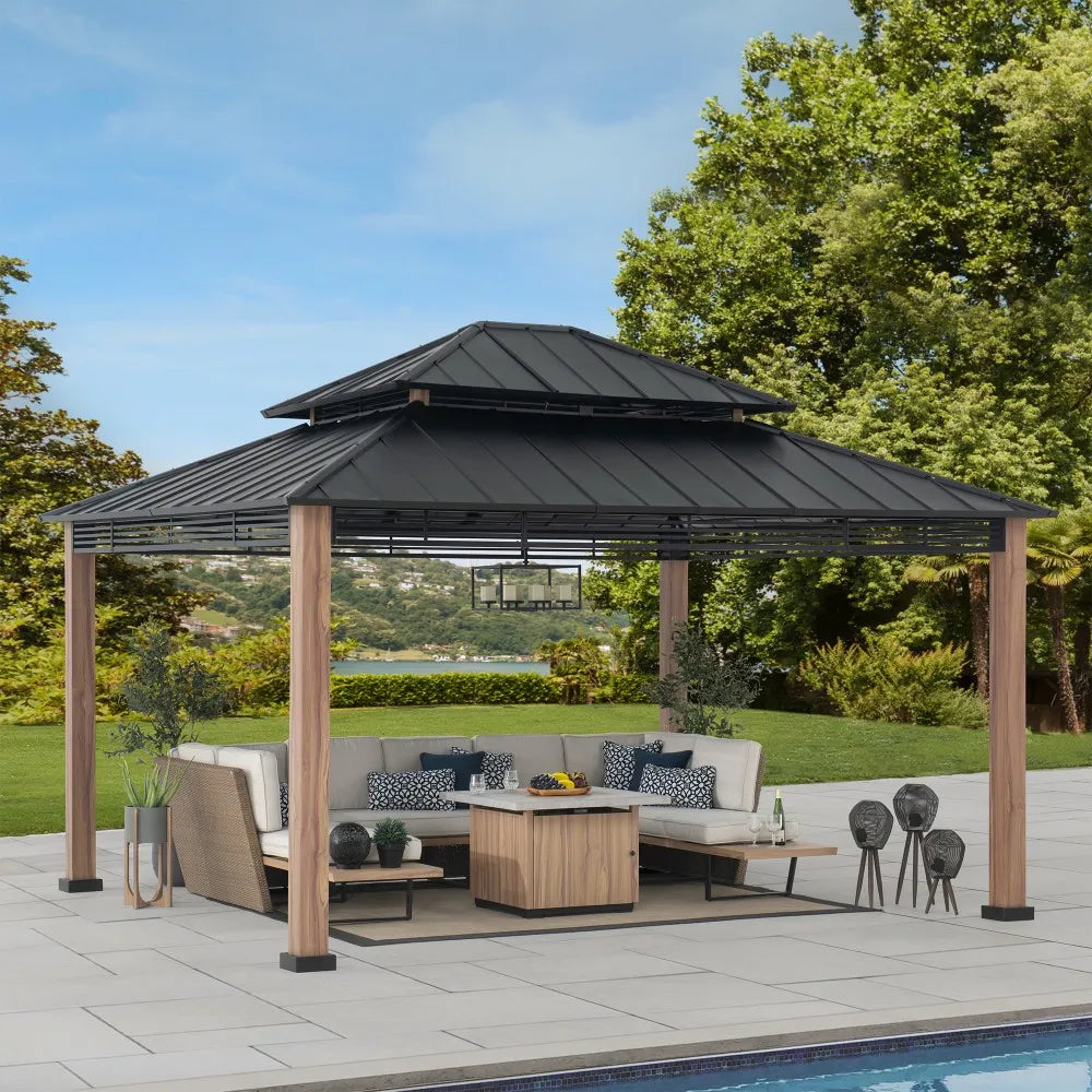 SUNJOY Outdoor Patio 13x15 Black 2-Tier Steel Backyard Hardtop Gazebo with Metal Ceiling Hook