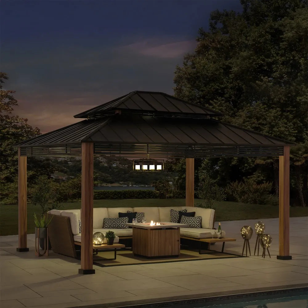 SUNJOY Outdoor Patio 13x15 Black 2-Tier Steel Backyard Hardtop Gazebo with Metal Ceiling Hook