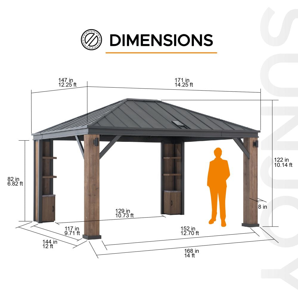 SUNJOY Outdoor Patio 12x14 Solar Powered Backyard Hardtop Wooden Gazebo with LED Light and Bluetooth Sound