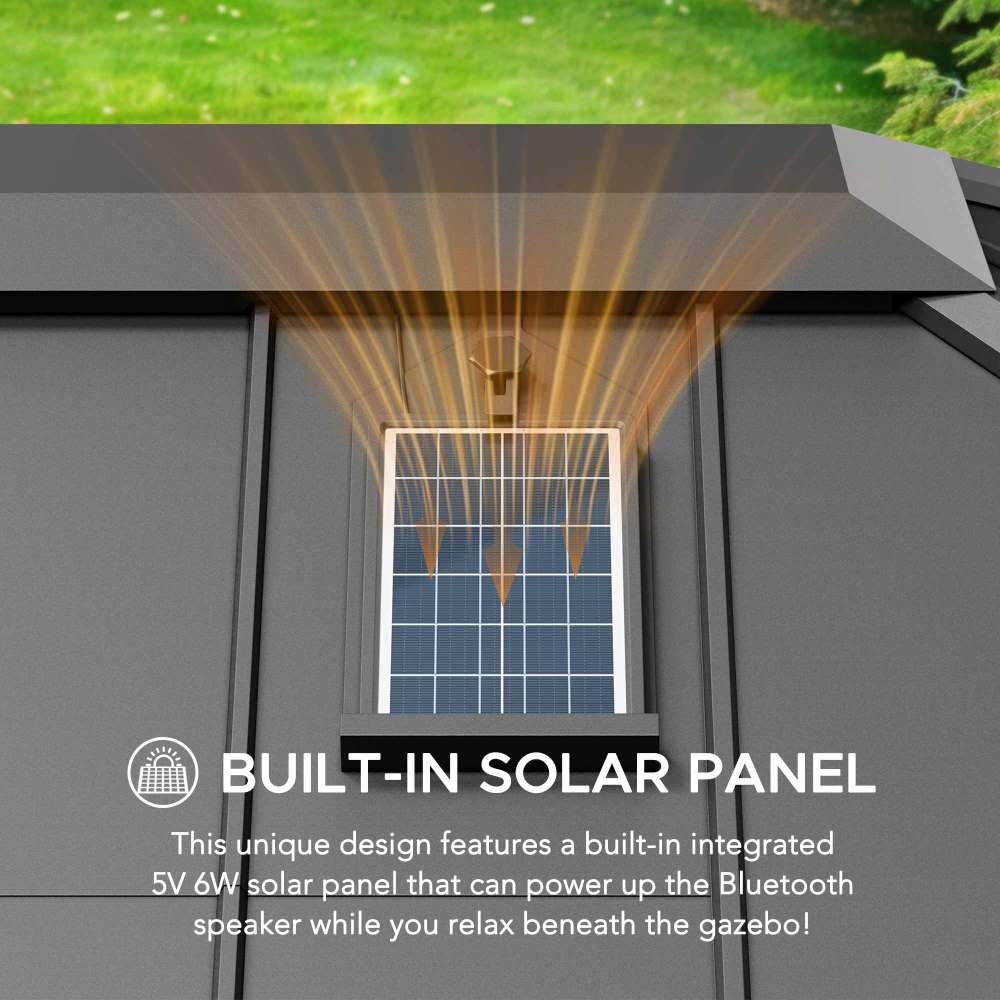 SUNJOY Outdoor Patio 12x14 Solar Powered Backyard Hardtop Wooden Gazebo with LED Light and Bluetooth Sound