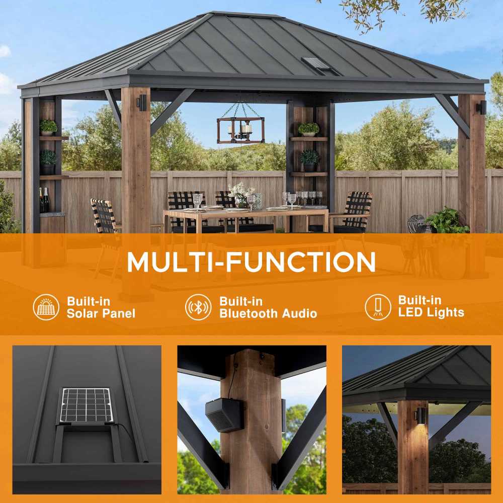SUNJOY Outdoor Patio 12' x 14' Solar Powered Backyard Hardtop Wooden Gazebo with LED Light and Bluetooth Sound